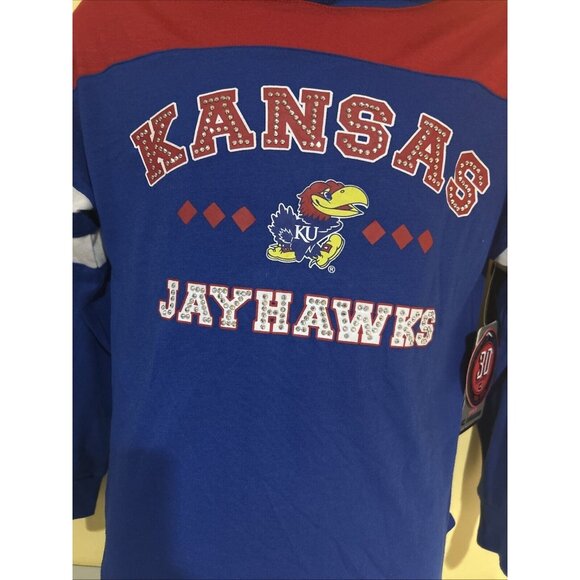 NWT Kansas Jayhawks Colosseum Girls Blue Logo Hooded T-Shirt M - Picture 2 of 6